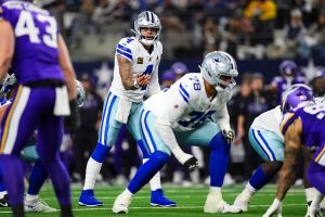 ARLINGTON, TX - DECEMBER 14: Dak Prescott #4 of the Dallas Cowboys lines up before the snap during an NFL football game against the Minnesota Vikings at AT&T Stadium on December 14, 2025 in Arlington, Texas. (Photo by Cooper Neill/Getty Images)