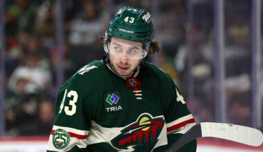 ST PAUL, MINNESOTA - DECEMBER 20: Quinn Hughes #43 of the Minnesota Wild looks on against the Edmonton Oilers in the second period at Grand Casino Arena on December 20, 2025 in St Paul, Minnesota. The Wild defeated the Oilers 5-2. (Photo by David Berding/Getty Images)