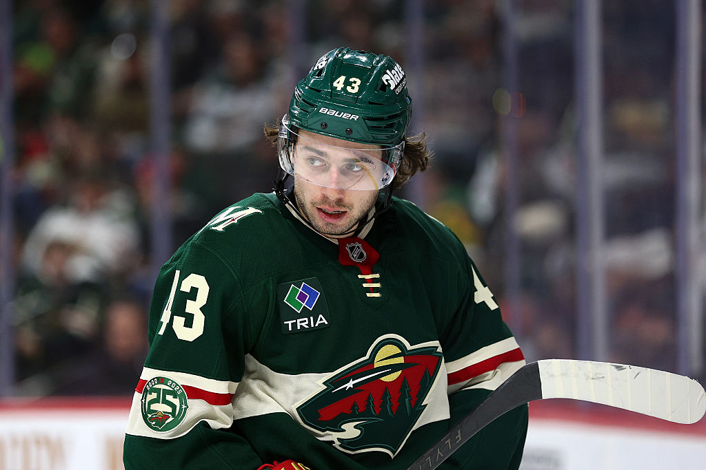 ST PAUL, MINNESOTA - DECEMBER 20: Quinn Hughes #43 of the Minnesota Wild looks on against the Edmonton Oilers in the second period at Grand Casino Arena on December 20, 2025 in St Paul, Minnesota. The Wild defeated the Oilers 5-2. (Photo by David Berding/Getty Images)