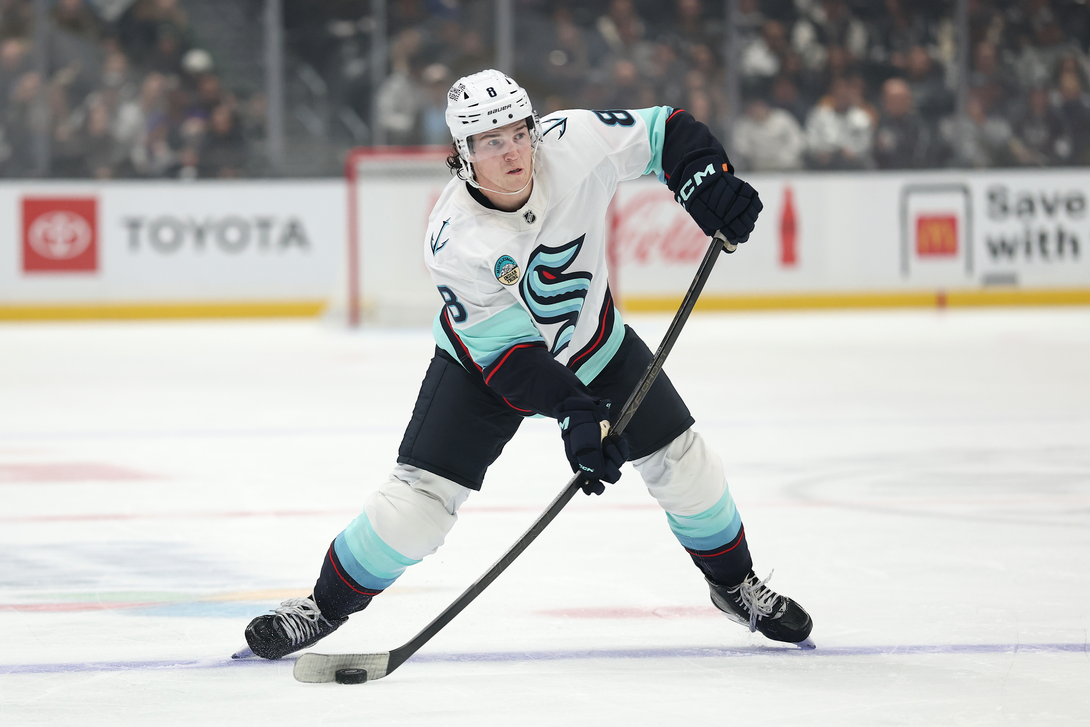 The Seattle Kraken’s Cale Fleury shoots the puck during the...