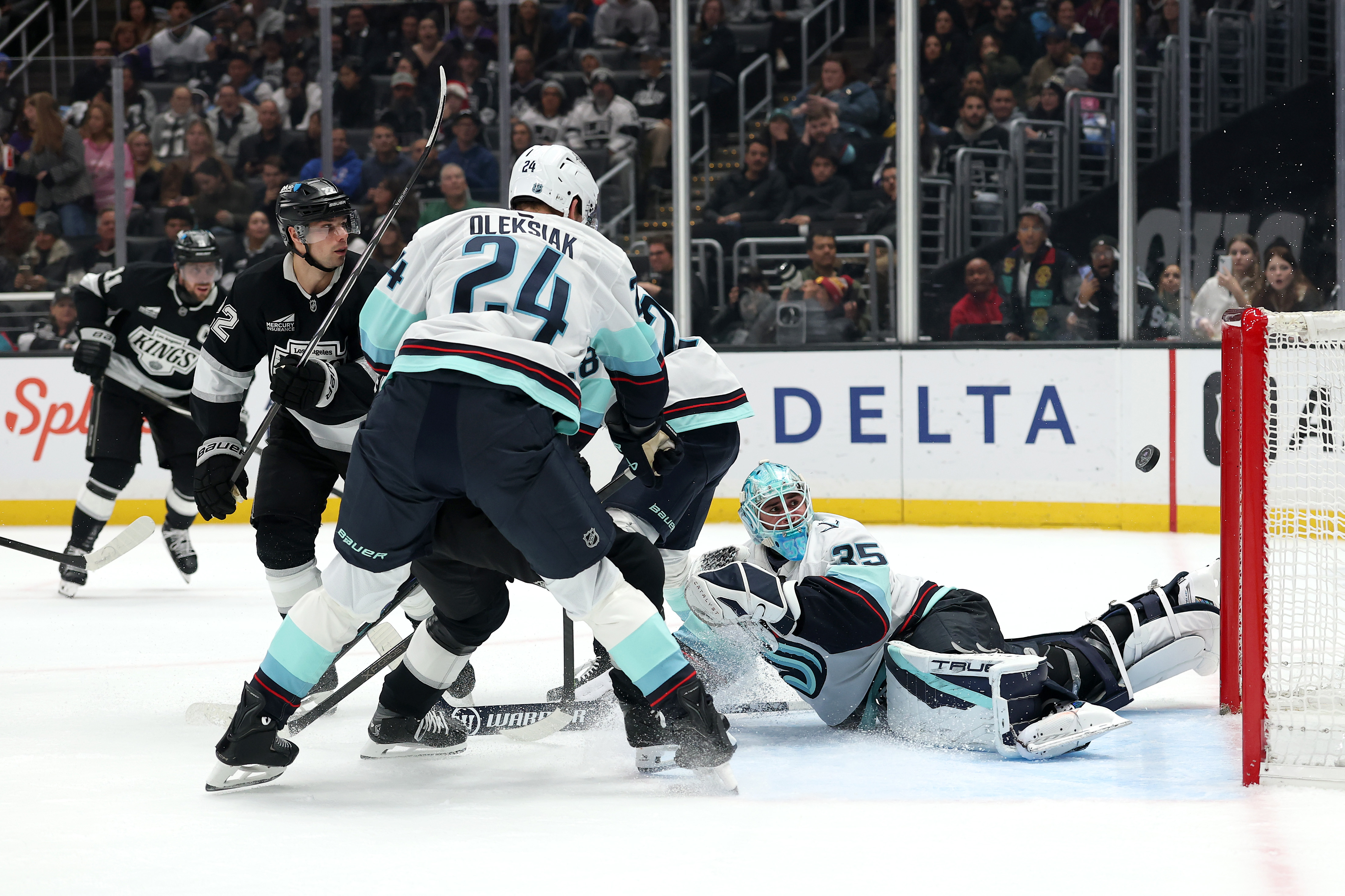 The Kings’ Kevin Fiala (22) scores a goal past Seattle...