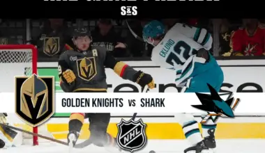 NHL Game Preview featuring the Golden Knights vs. Sharks, showcasing action on the ice with players in motion and team logos.