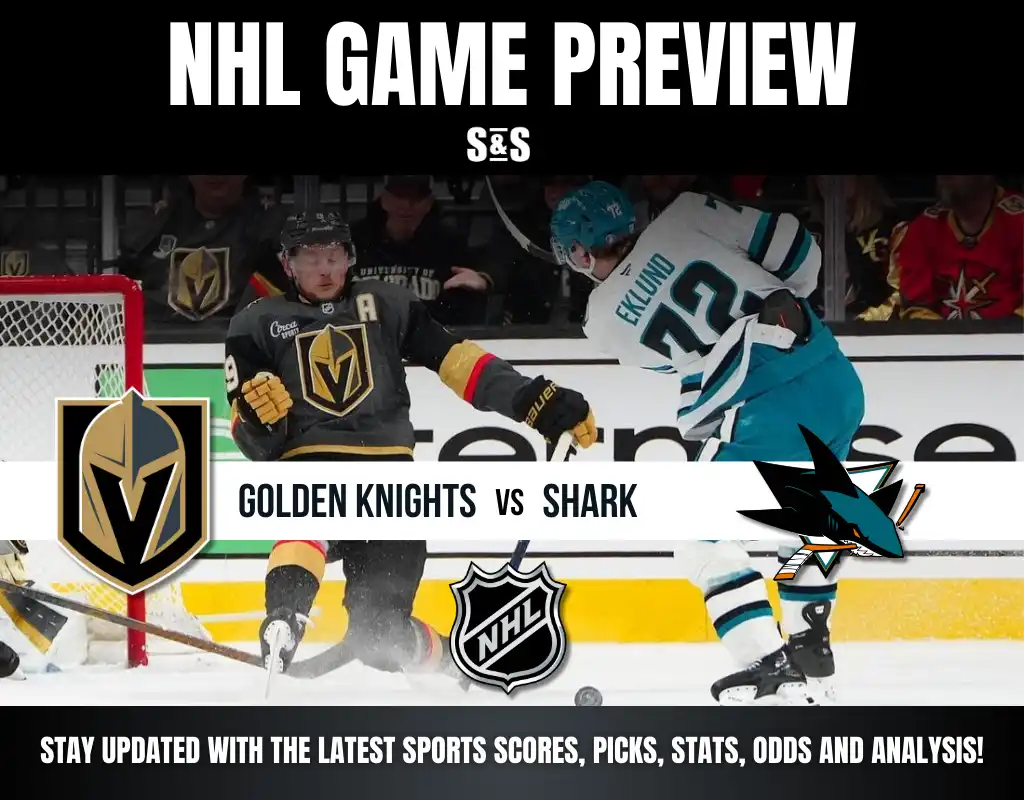 NHL Game Preview featuring the Golden Knights vs. Sharks, showcasing action on the ice with players in motion and team logos.