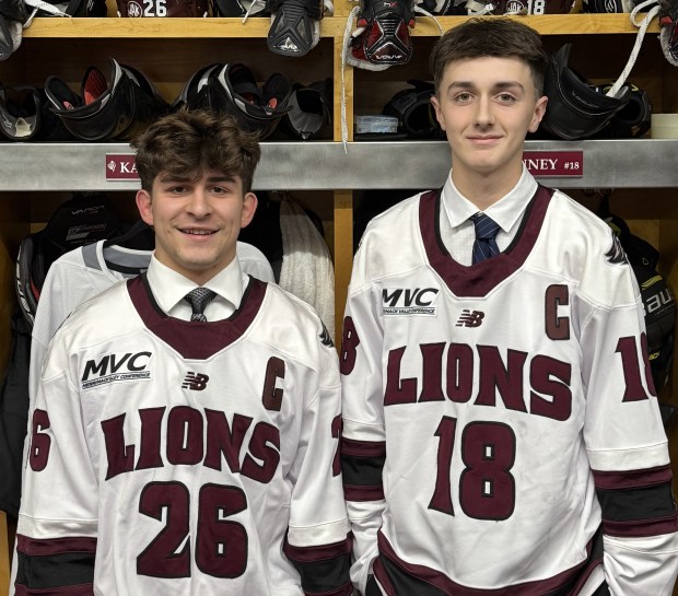 Leading the Chelmsford High boys hockey team onto the ice this season will be captains Evan Karacek, left, and Aidan Kenney. (Courtesy photo)