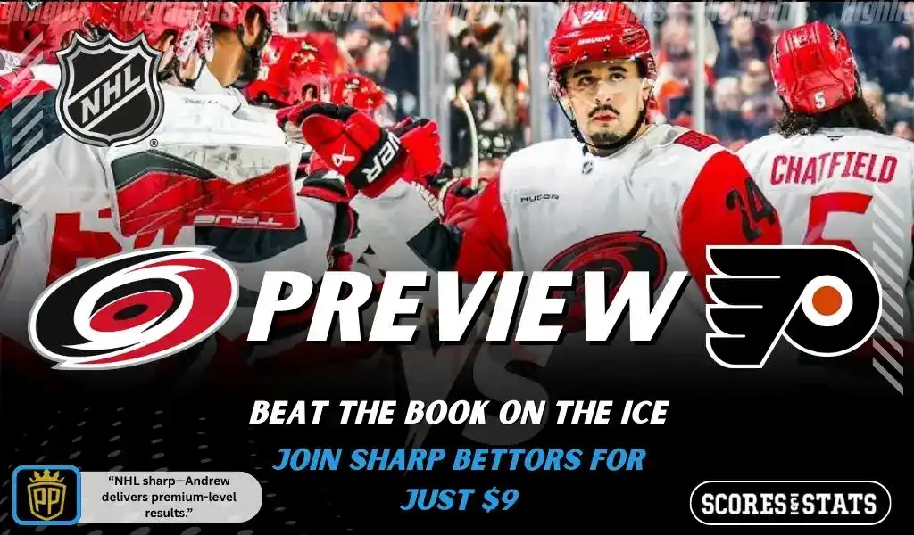 Carolina Hurricanes vs Philadelphia Flyers NHL game preview image with players celebrating on the ice, December 14 2025
