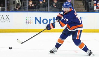New York Islanders goaltender Ilya Sorokin (30) during the first period against the Vancouver Canucks at UBS Arena.