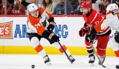 Flyers' Owen Tippett (left) chases after the puck against the Hurricanes on Sunday.