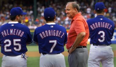Mr. Hicks, then owner of the Texas Rangers, joined players Rafael Palmeiro, Ivan Rodriguez, and Alex Rodriguez, at a game in 2001, in Arlington, Texas.