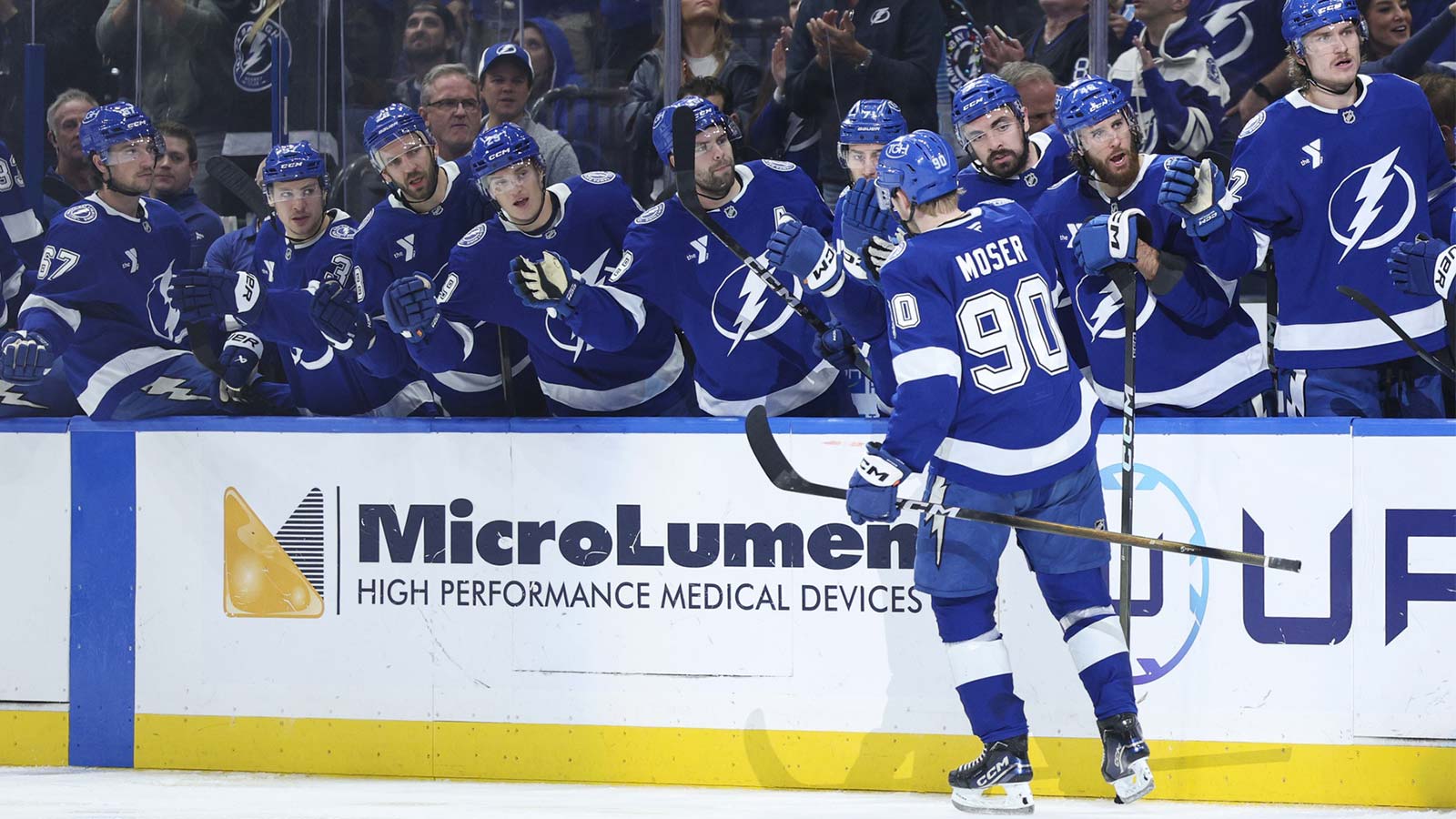 Tampa Bay Lightning defenseman J.J. Moser (90) celebrates after scoring a goal against the Tampa Bay Lightning in the third period at Benchmark International Arena.