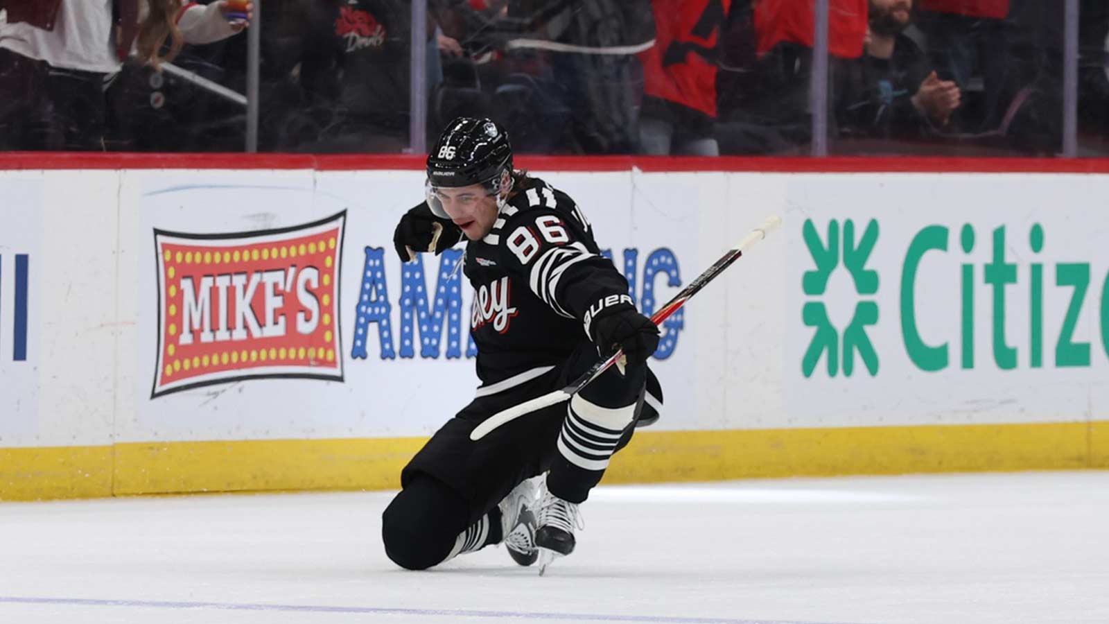 New Jersey Devils center Jack Hughes (86) celebrates his goal against the Buffalo Sabres during the first period at Prudential Center.