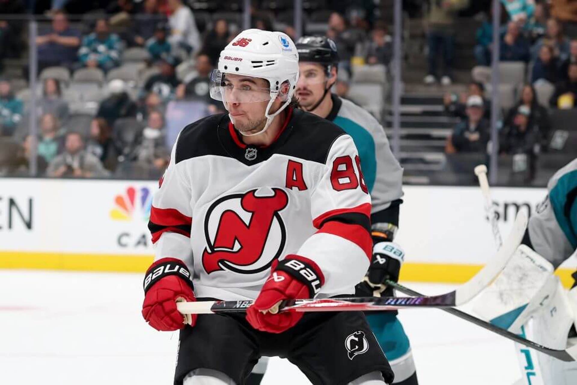 Jack Hughes of the New Jersey Devils in action against the San Jose Sharks at SAP Center in October.