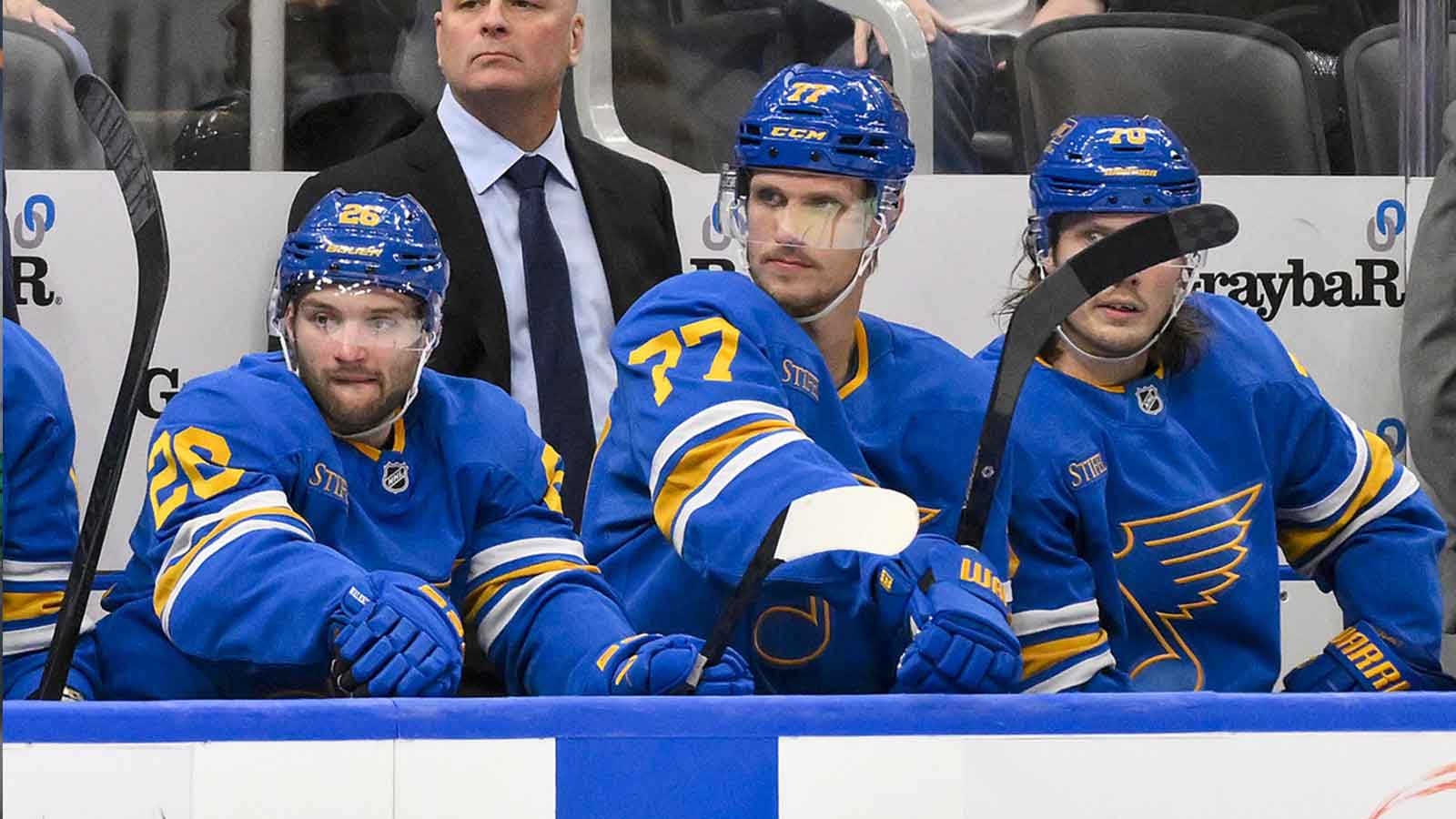 St. Louis Blues head coach Jim Montgomery looks on during the third period against the Vegas Golden Knights at Enterprise Center. 