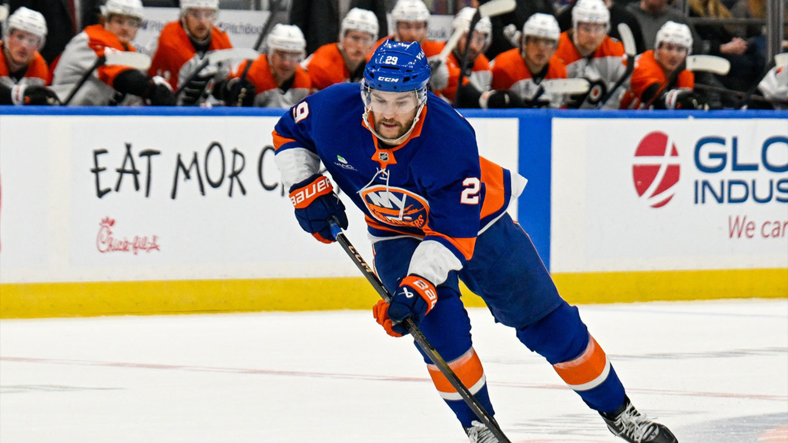 New York Islanders left wing Jonathan Drouin (29) skates across the blue line against the Philadelphia Flyers during overtime at UBS Arena.