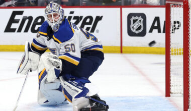 St. Louis Blues goaltender Jordan Binnington (50) defends the net against the Anaheim Ducks during the first period at Enterprise Center.
