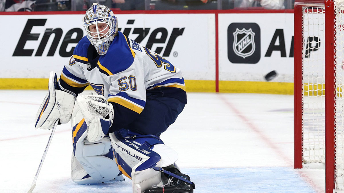 St. Louis Blues goaltender Jordan Binnington (50) defends the net against the Anaheim Ducks during the first period at Enterprise Center.