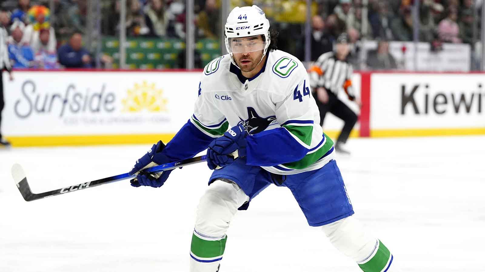 Vancouver Canucks left wing Kiefer Sherwood (44) before during the first period against the Colorado Avalanche at Ball Arena.