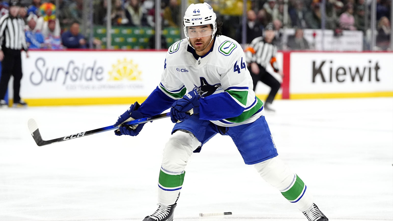 Vancouver Canucks left wing Kiefer Sherwood (44) before during the first period against the Colorado Avalanche at Ball Arena.