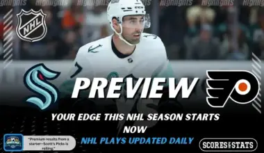 NHL preview graphic featuring Seattle Kraken and Philadelphia Flyers logos with a Kraken player on the ice and the word preview across the center