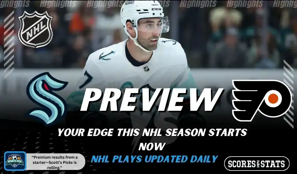 NHL preview graphic featuring Seattle Kraken and Philadelphia Flyers logos with a Kraken player on the ice and the word preview across the center