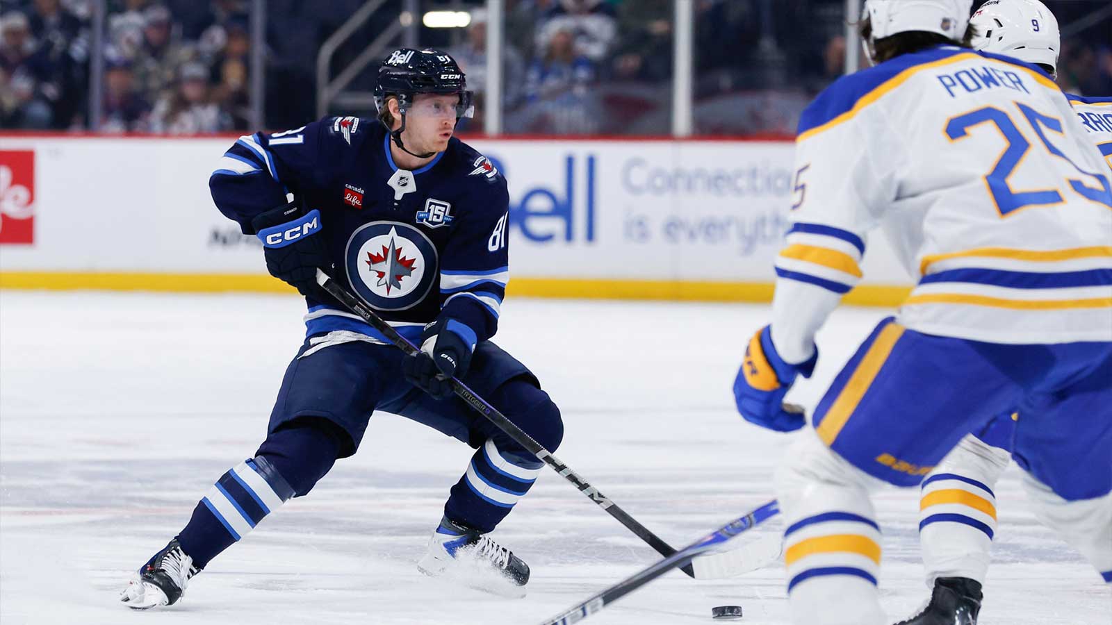 Winnipeg Jets forward Kyle Connor (81) skates into the Buffalo Sabres zone during the second period at Canada Life Centre.