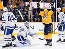 Predators left wing Erik Haula celebrates his goal against the Maple Leafs during the second period of an NHL game in Nashville, Tenn., Saturday, Dec. 20, 2025.