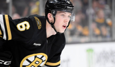 Mason Lohrei of the Boston Bruins