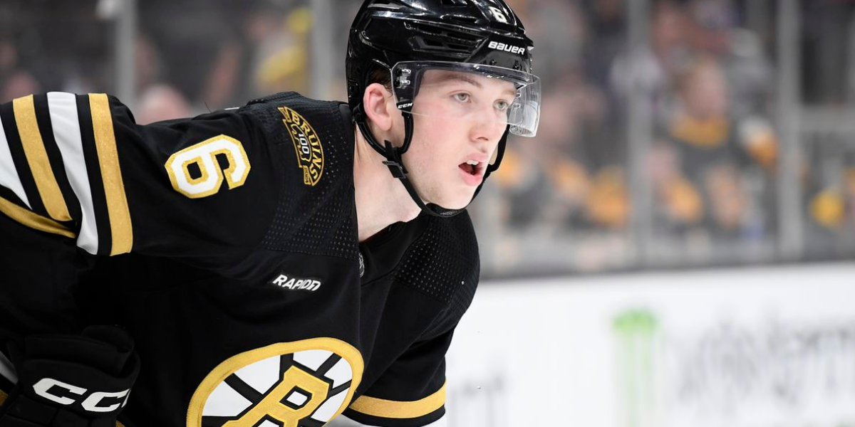 Mason Lohrei of the Boston Bruins