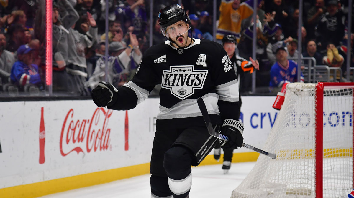 Los Angeles Kings center Phillip Danault (24) celebrates his power play goal scored against the New York Rangers during the second period at Crypto.com Arena.