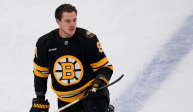 Boston Bruins defenseman Nikita Zadorov (91) before an NHL hockey game, Tuesday, Dec. 16, 2025, in Boston.
