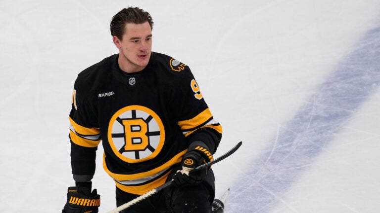 Boston Bruins defenseman Nikita Zadorov (91) before an NHL hockey game, Tuesday, Dec. 16, 2025, in Boston.