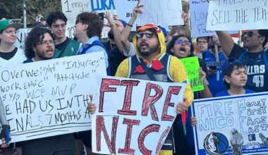 Dallas Mavericks fans protest the Luka Doncic trade. (Spectrum News 1/Michael Lozano)