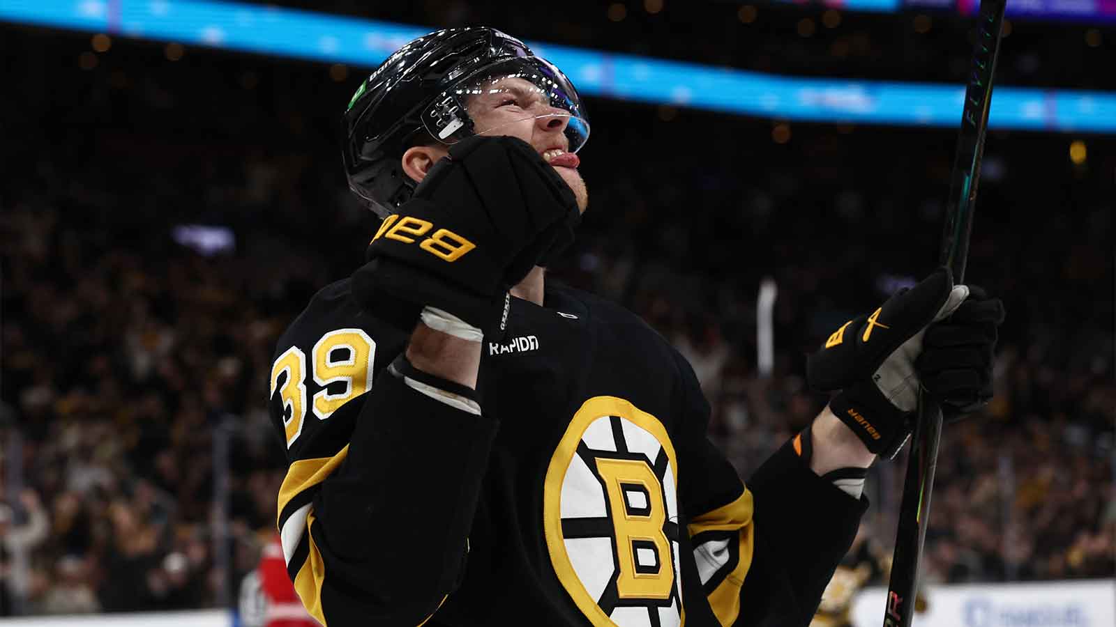 Boston Bruins center Morgan Geekie (39) celebrates after scoring against the Detroit Red Wings during the third period at TD Garden.
