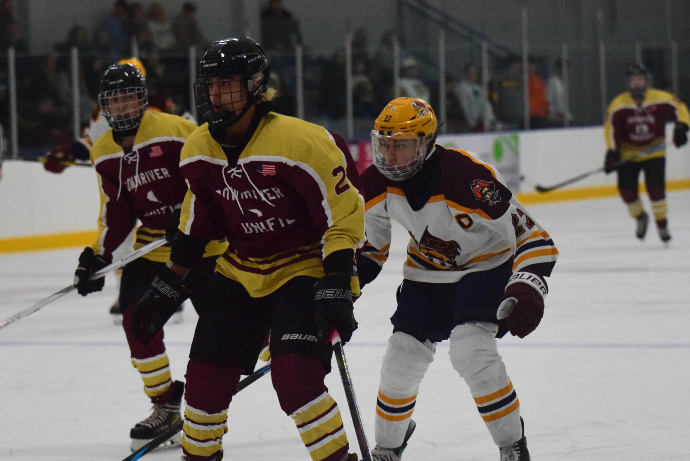 The Riverview-Cabrini United ice hockey team used a big third...