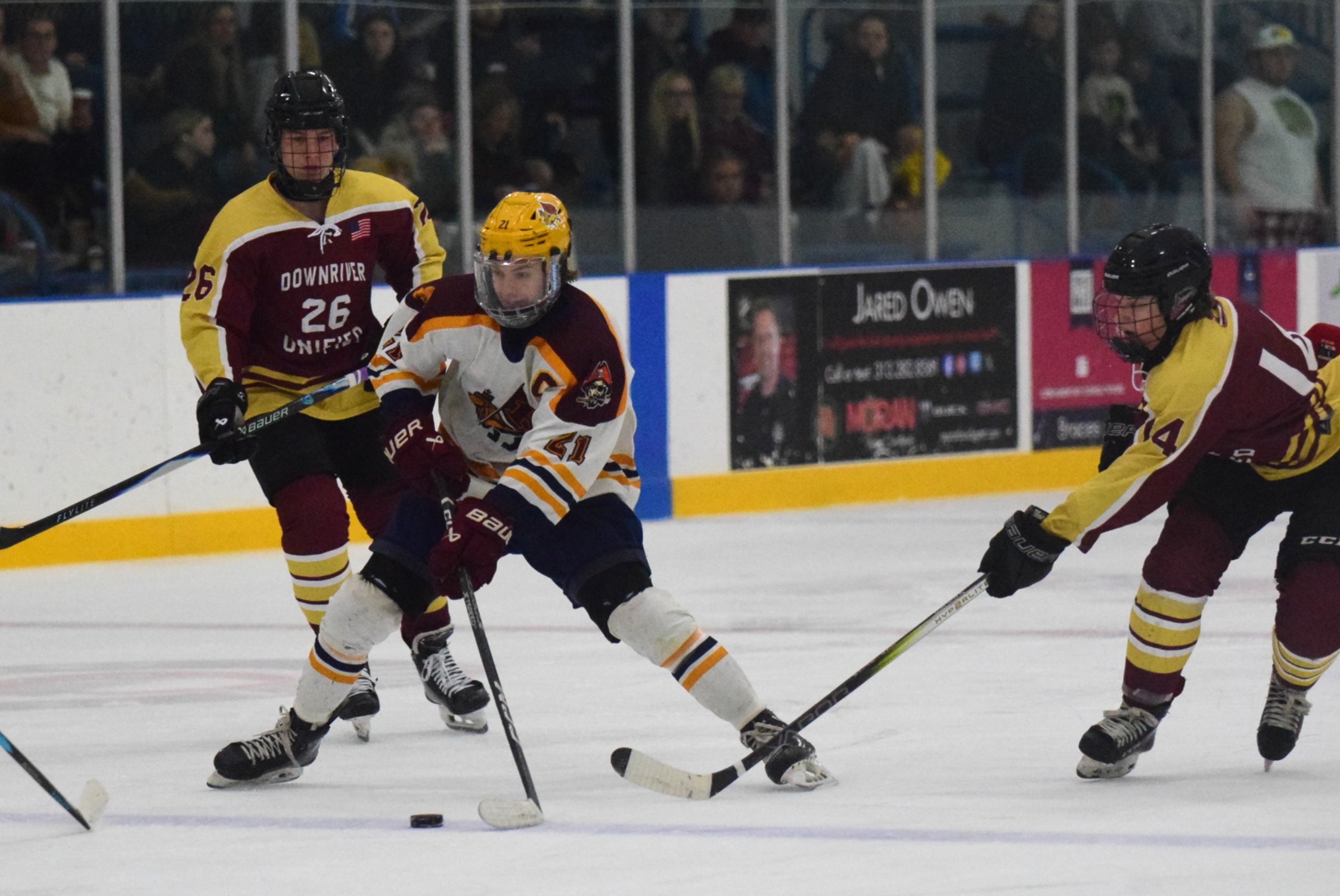 The Riverview-Cabrini United ice hockey team used a big third...