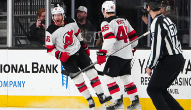 New Jersey Devils Connor Brown and Colton White celebrate Brown's second period goal against the Vegas Golden Knights.