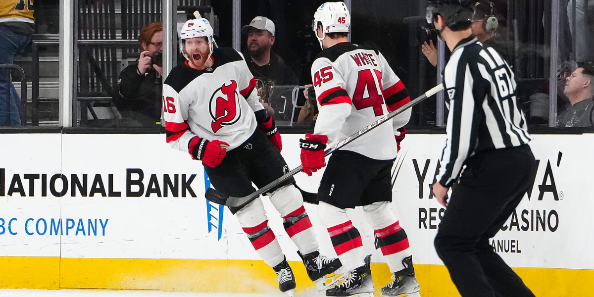 New Jersey Devils Connor Brown and Colton White celebrate Brown's second period goal against the Vegas Golden Knights.