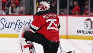 Devils' goaltender Jacob Markstrom watches the replay after allowing a goal against the Vegas Golden Knights on Friday night.