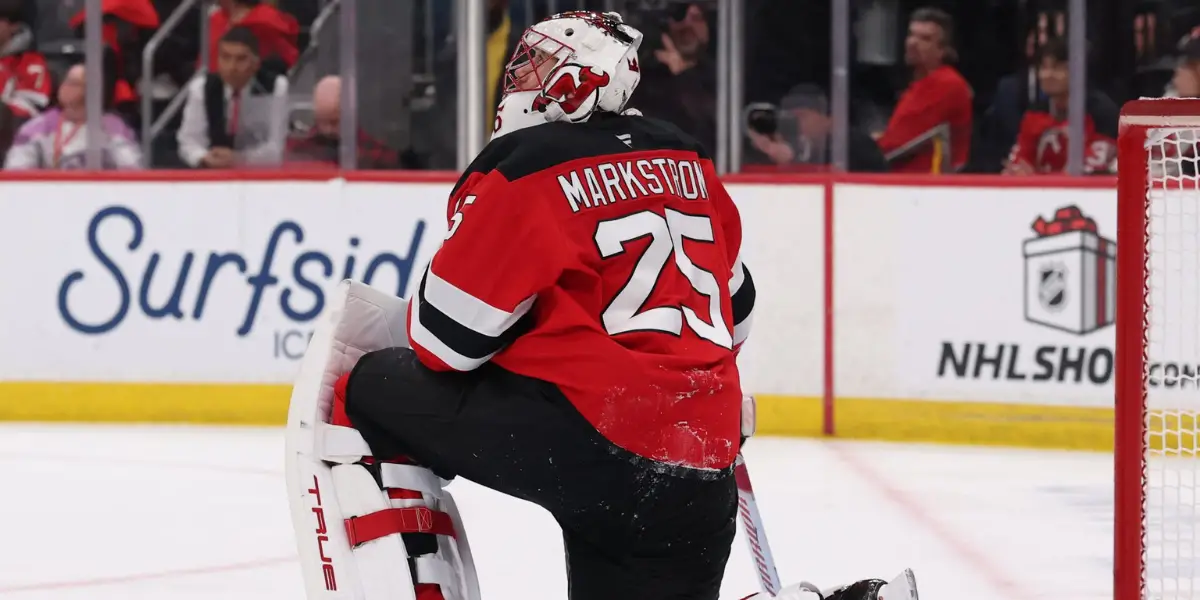 Devils' goaltender Jacob Markstrom watches the replay after allowing a goal against the Vegas Golden Knights on Friday night.