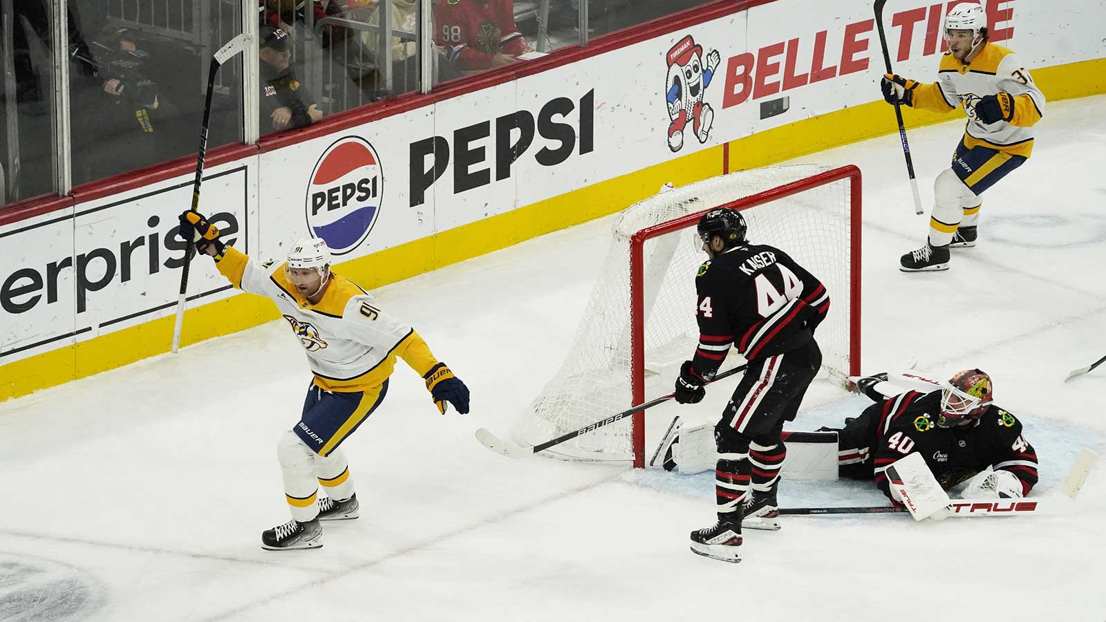 Nashville Predators center Steven Stamkos (91) celebrates scoring a goal on Chicago Blackhawks goaltender Arvid Soderblom (40) during the second period at United Center. 