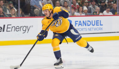 Nashville Predators center Steven Stamkos (91) looks to pass the puck against the Philadelphia Flyers during the first period at Bridgestone Arena.