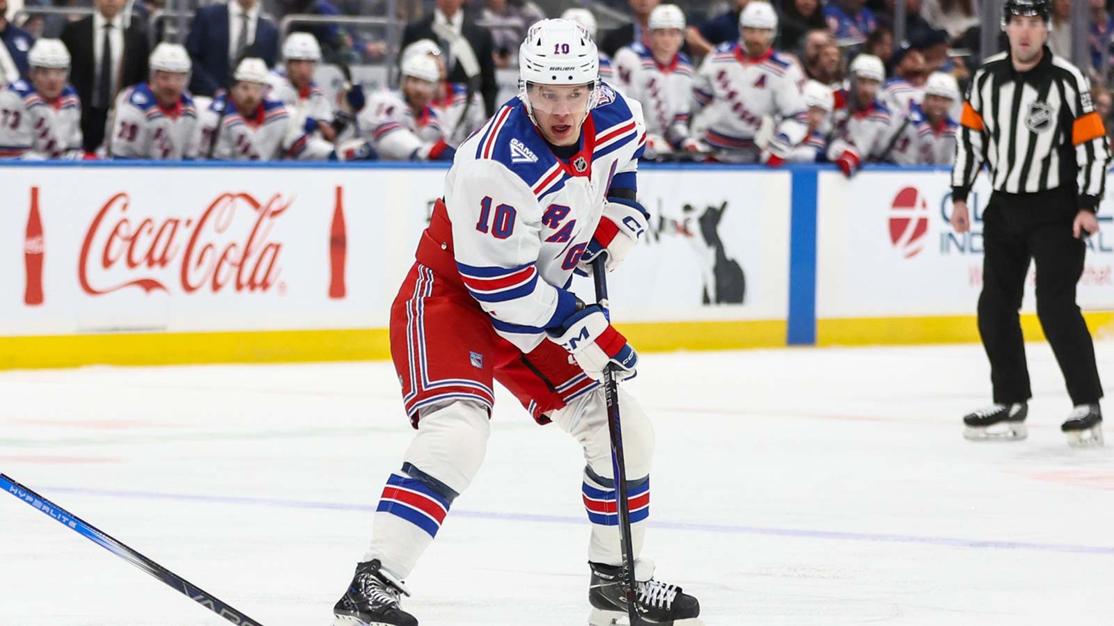 New York Rangers left wing Artemi Panarin (10) controls the puck in the first period against the New York Islanders at UBS Arena.