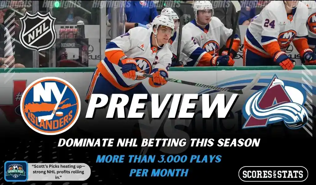 New York Islanders and Colorado Avalanche shown in NHL preview graphic ahead of their upcoming matchup.