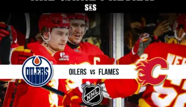 NHL game preview featuring the Edmonton Oilers vs Calgary Flames with players celebrating. Graphics highlight team logos and matchup details.
