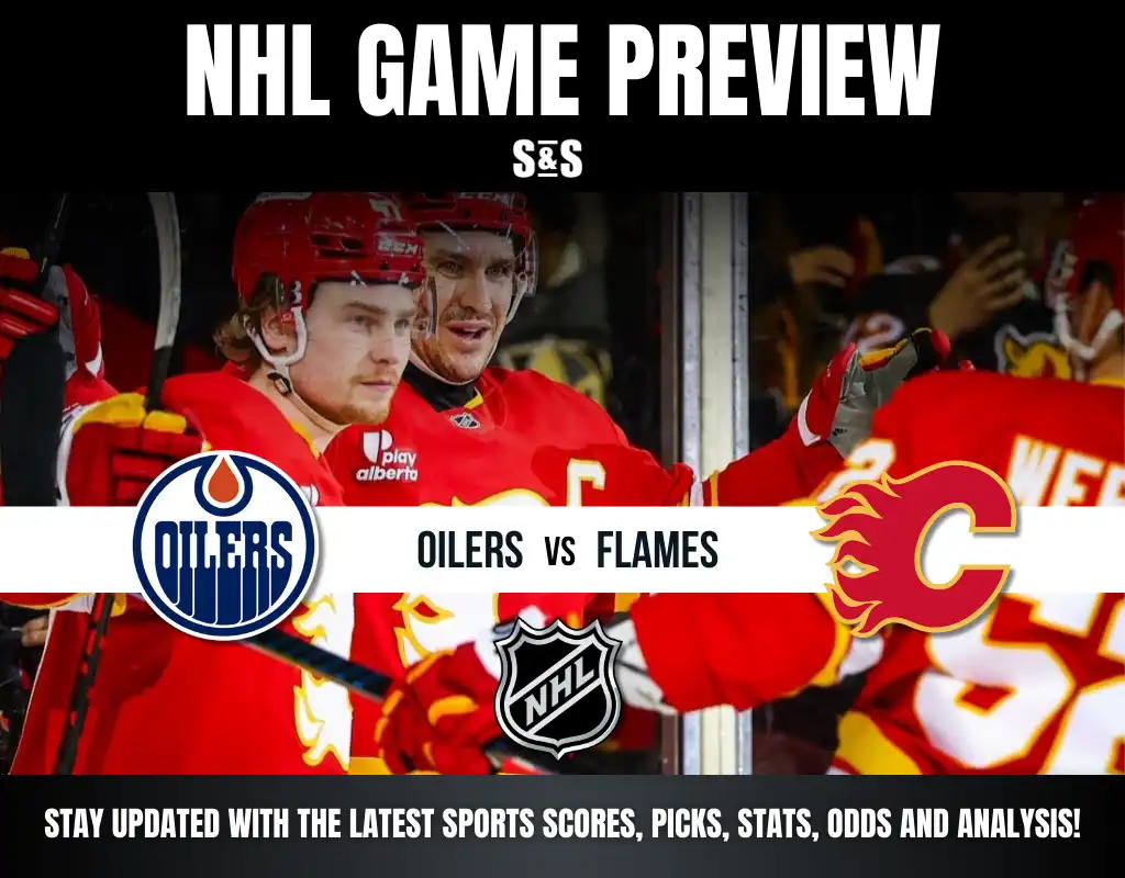 NHL game preview featuring the Edmonton Oilers vs Calgary Flames with players celebrating. Graphics highlight team logos and matchup details.
