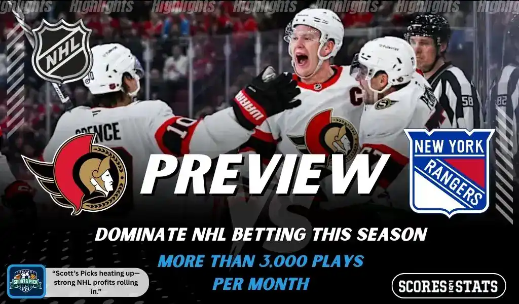 Ottawa Senators and New York Rangers featured in NHL preview graphic ahead of their upcoming matchup.