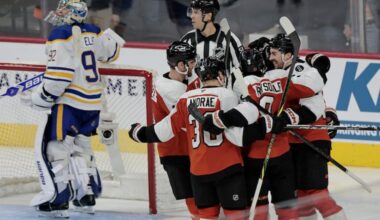 Flyers Noah Cates (far right) celebrates his goal in the second period of the Buffalo Sabres at Philadelphia Flyers NHL game at Xfinity Mobile Arena in Philadelphia on Wednesday, Dec. 3, 2025.