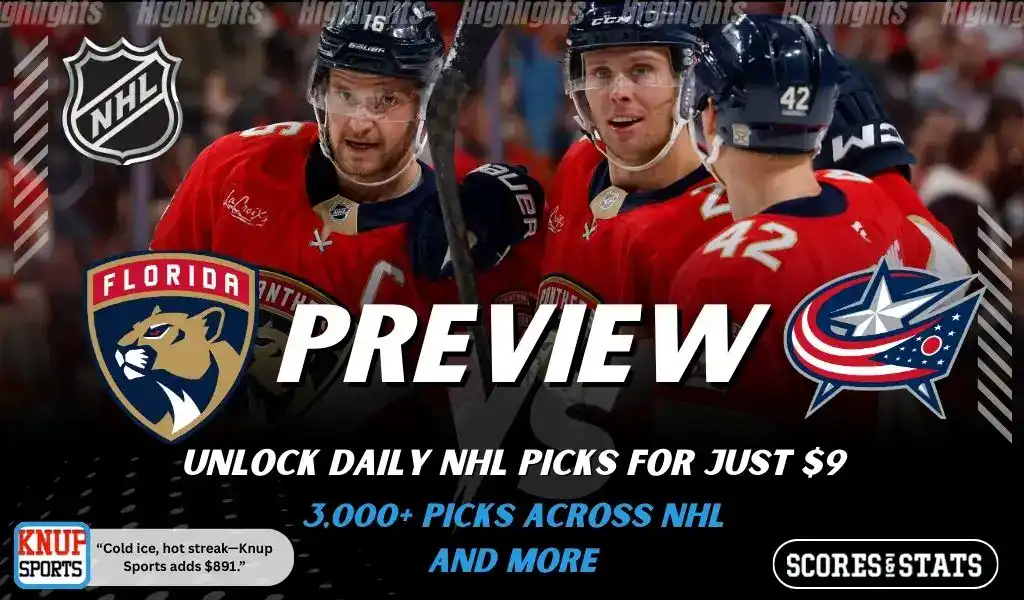 Florida Panthers and Columbus Blue Jackets shown in NHL preview graphic ahead of their upcoming matchup.