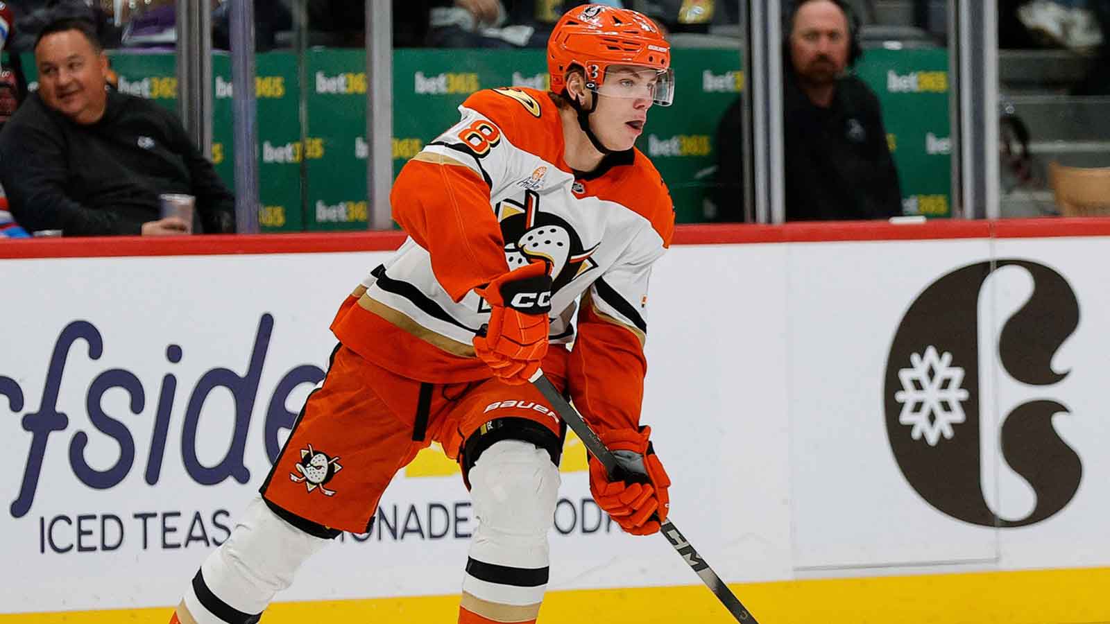 Anaheim Ducks defenseman Pavel Mintyukov (98) in the second period against the Colorado Avalanche at Ball Arena.