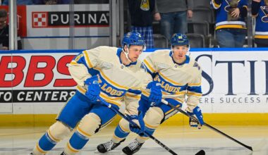 Blues F Dylan Holloway helped off ice at practice with lower-body injury