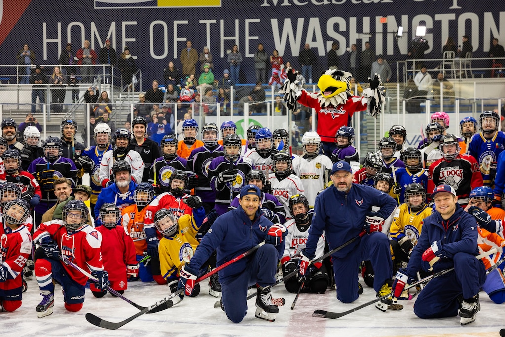 Teams from The American Special Hockey Association, including the Montgomery County Cheetahs, play with Capitals players Alexander Ovechkin, Justin Sourdif, Ethen Frank and veteran Mike Green at the Medstar Iceplex in Arlington, VA on December 10, 2025.